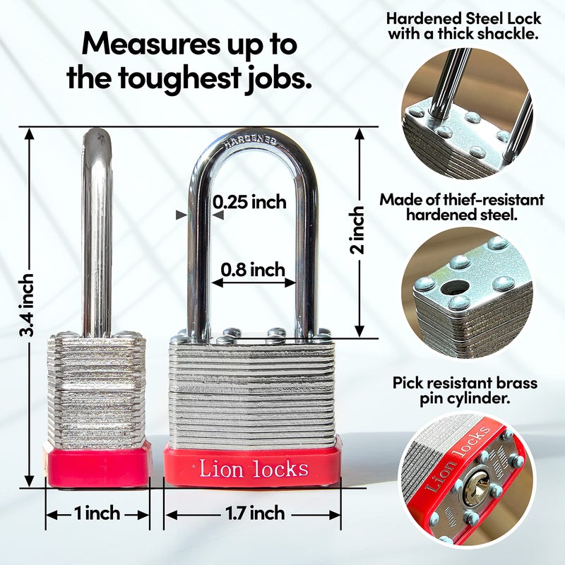 Lion Locks 12 Keyed Alike Padlocks with 2" Long Shackle, 24 Keys - Padlocks for Outdoor Use, Locks with Keys, Hardened Steel Case, Pick Resistant Brass Pin Cylinder for Hasp Latch, Locker, Gate - Image 2